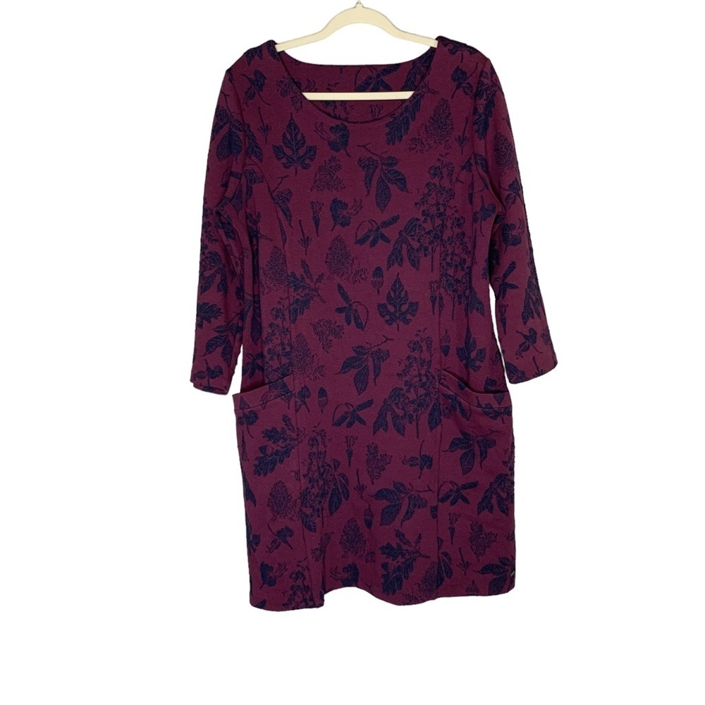 Joules purple tunic dress w pockets navy leaf relief print. Long sleeve. Size 12